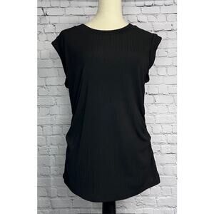 Nine West Cap Sleeveless Textured Crew Neck Top Cinch Waist Black Women's Large